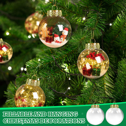 Wettarn 50 Pcs 2.36 Inch Christmas Plastic Fillable Ornaments, Transparent DIY Craft Rainbow Ball with Lid and Rope, Xmas Hanging Ornament for Party Wedding Home Decor (Clear)