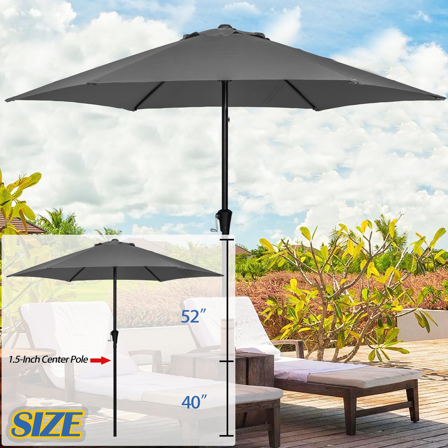 Sunnyglade 9FT Outdoor Patio Umbrella, Market & Table Umbrella with 6 Sturdy Ribs and Crank System, Fade-resistant & Waterproof for Garden Backyard Poolside Deck (Grey, 9FT)