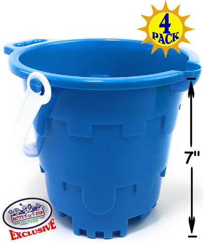 Matty's Toy Stop Beach Gear 7" Plastic Castle Mold Sand Buckets (Pails) with Easy Pour Spout and Handle Blue, Pink, Green & Yellow Party Set Bundle - 4 Pack