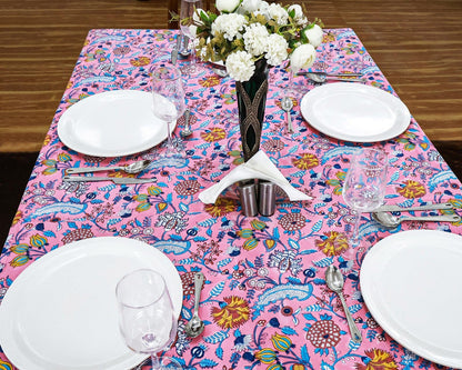 60x60 Inches Square Hand Block Printed Cotton Tablecloth, Pink Blue Floral Table Cloths Washable, Indian Table Linen for Valentine Thanksgiving Gifts Home Decor Dinning Outdoor