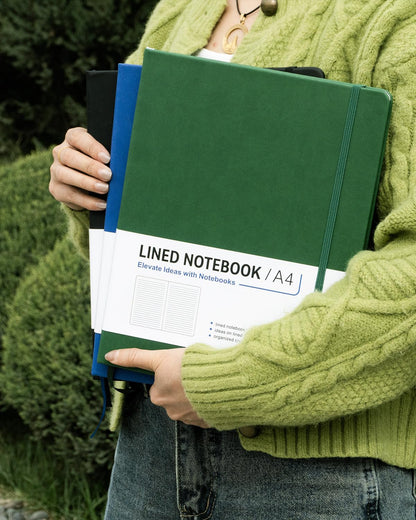 Dynta A4 Lined Journal Notebooks 3 Pack 8.5" x 11" Leather Hardcover Journals 200 Pages/100 Sheets Large Notebooks for Work, Journaling, Note Taking (Black, Green, Blue)