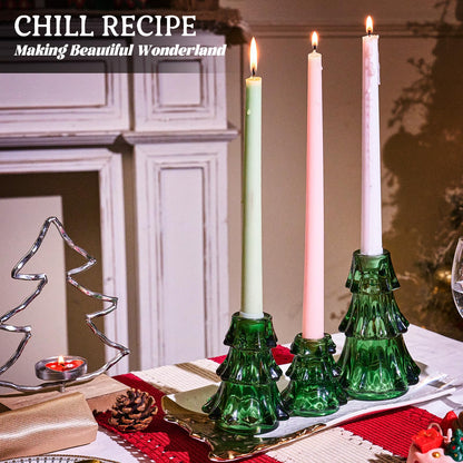 CHILL RECIPE Christmas Tree Candle Holders Xmas Glass Taper Candlestick Holders Thickened with Rubber Candle Grippers for Decoration Table Centerpiece Dinner Party Home Decor(Green 3Pcs &Box)