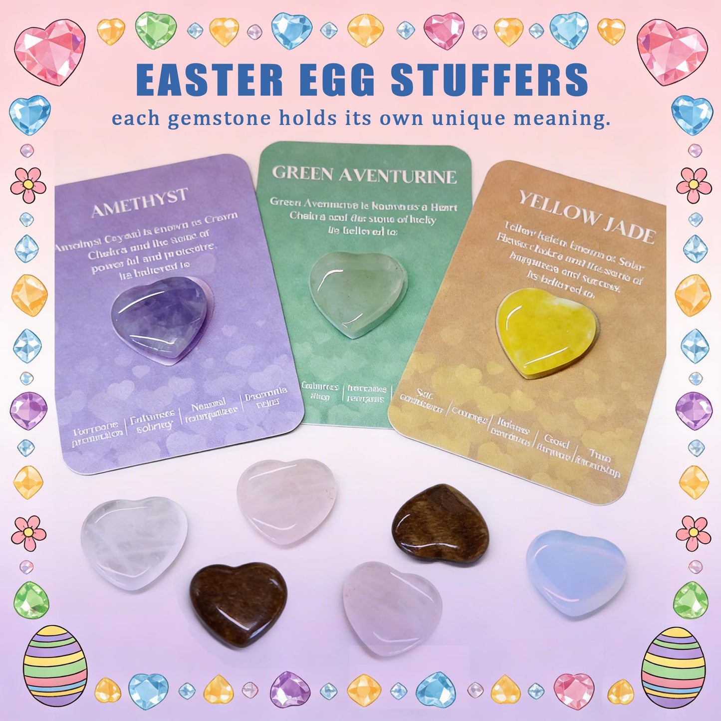 24 Packs Easter Egg Stuffers Crystals and Healing Stones with Heart Cards Classroom School Party Favors,Easter Gifts for Kids Healing Crystals Rock Gift Exchange Bulk Easter Basket Stuffers for Teen
