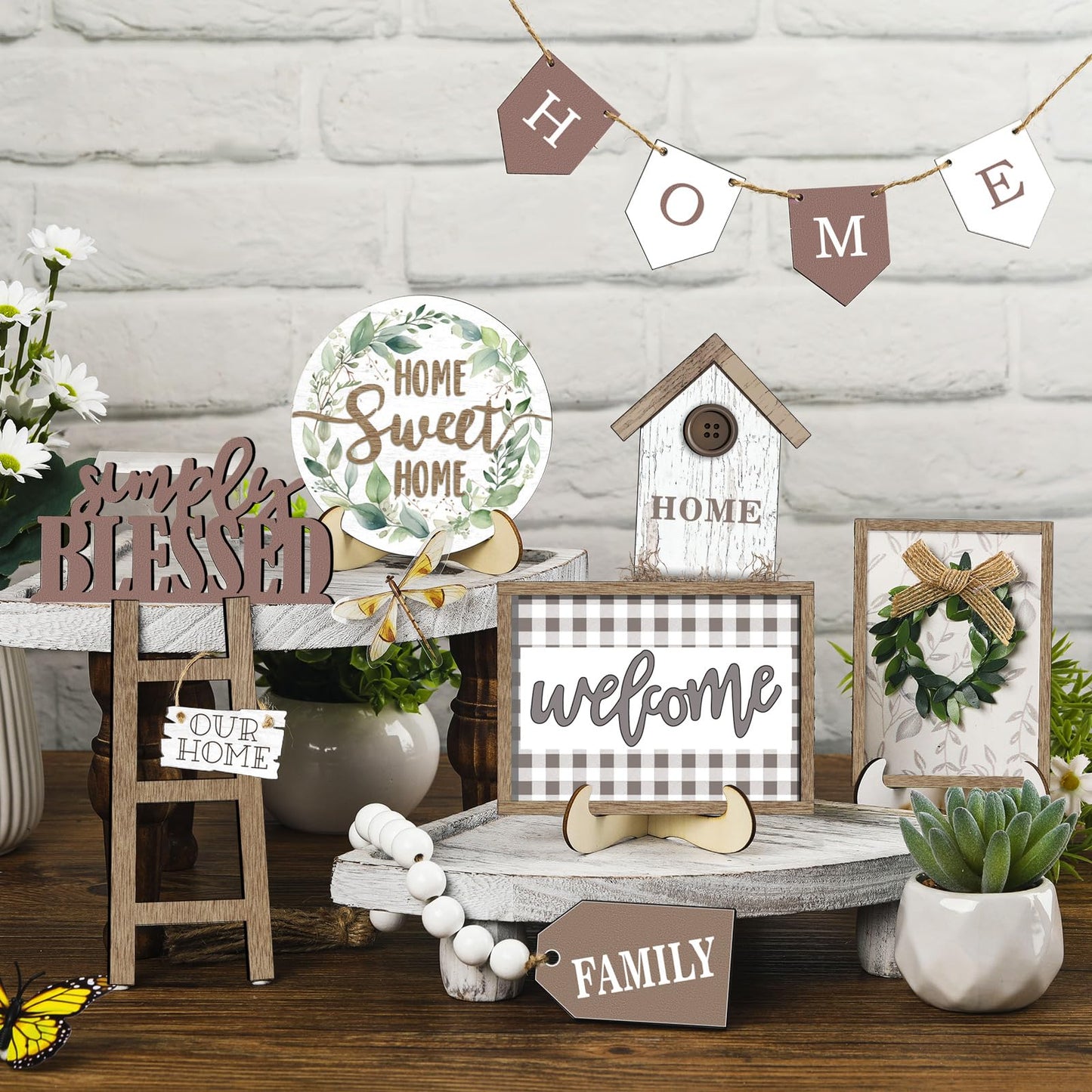 FairySandy Set of 11 Farmhouse Tiered Tray Decor Rustic Home Tiered Tray Decorations Set Wooden Signs Home This is Us Farmhouse Tabletop Wood Signs for Kitchen Table Shelf Decor