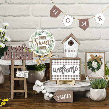 FairySandy Set of 11 Farmhouse Tiered Tray Decor Rustic Home Tiered Tray Decorations Set Wooden Signs Home This is Us Farmhouse Tabletop Wood Signs for Kitchen Table Shelf Decor