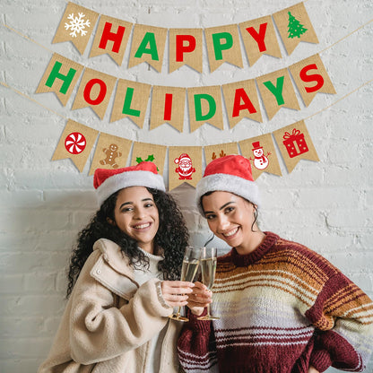 JKQ Happy Holidays Burlap Banner Jute Merry Christmas Bunting Banner with Snowflake Xmas Tree Santa Gingerbread Man Signs Winter Christmas Holiday Party Decorations for Mantle Fireplace Party Supplies