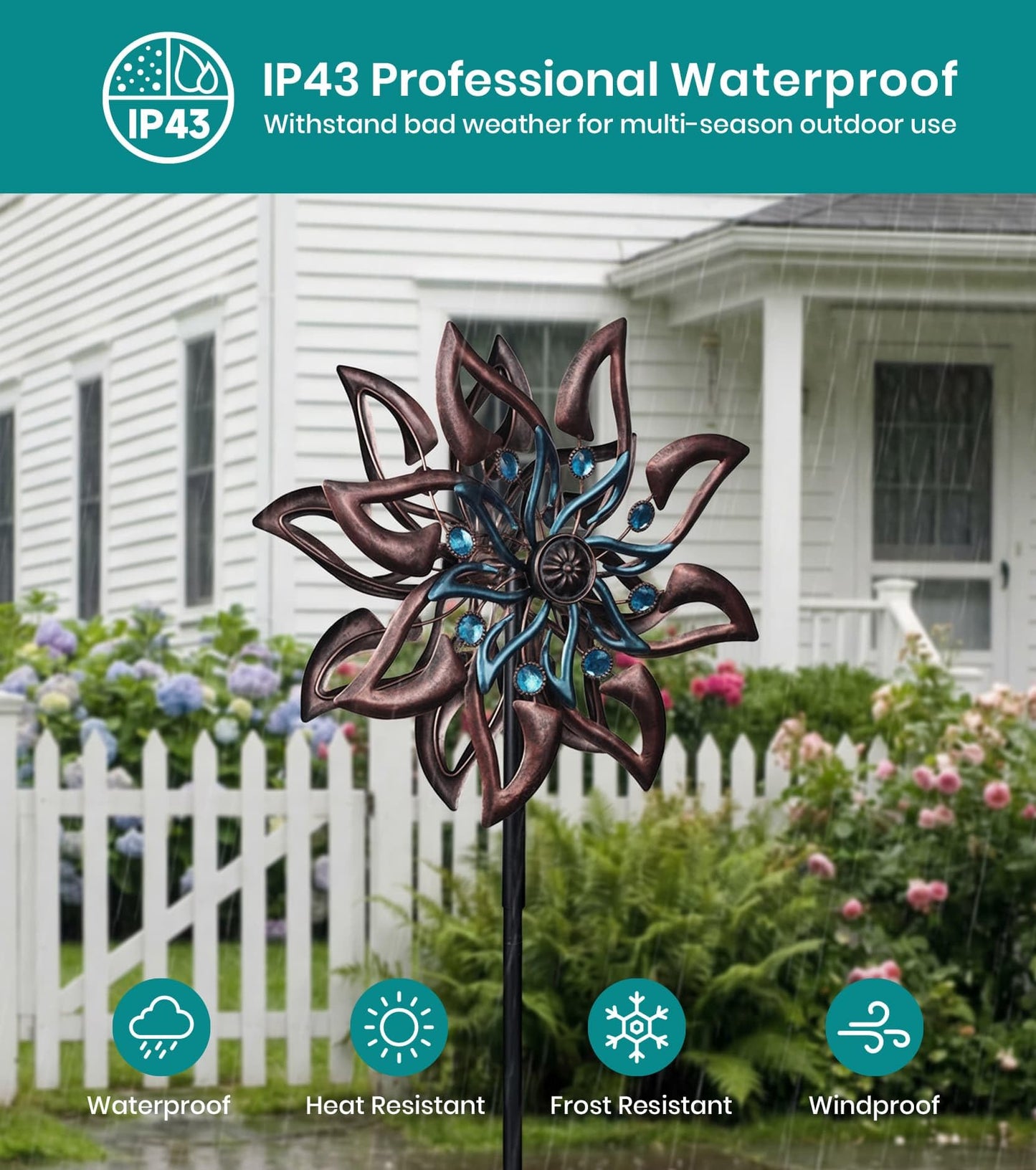 VUFOZ 360° Garden Wind Spinner for Outdoor Yard Art – W13xH64 Kinetic Windmill for Garden, Lawn, and Patio – Dahlia-Inspired Copper and Teal Wind Spinners Outdoor Decorative Yard Art