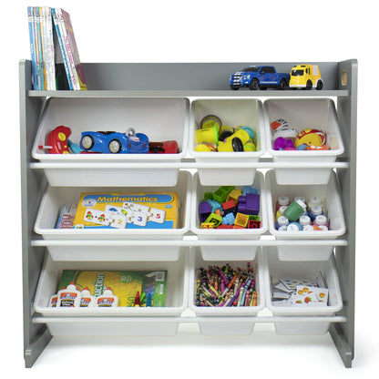 Humble Crew Toy Storage Organizer with Top Shelf and 9 Removable Bins, Grey/White – Toddler Bookshelf with Toy Organizer - Modern Toy Rack Ideal for Kids' Rooms, Playrooms, and Nurseries