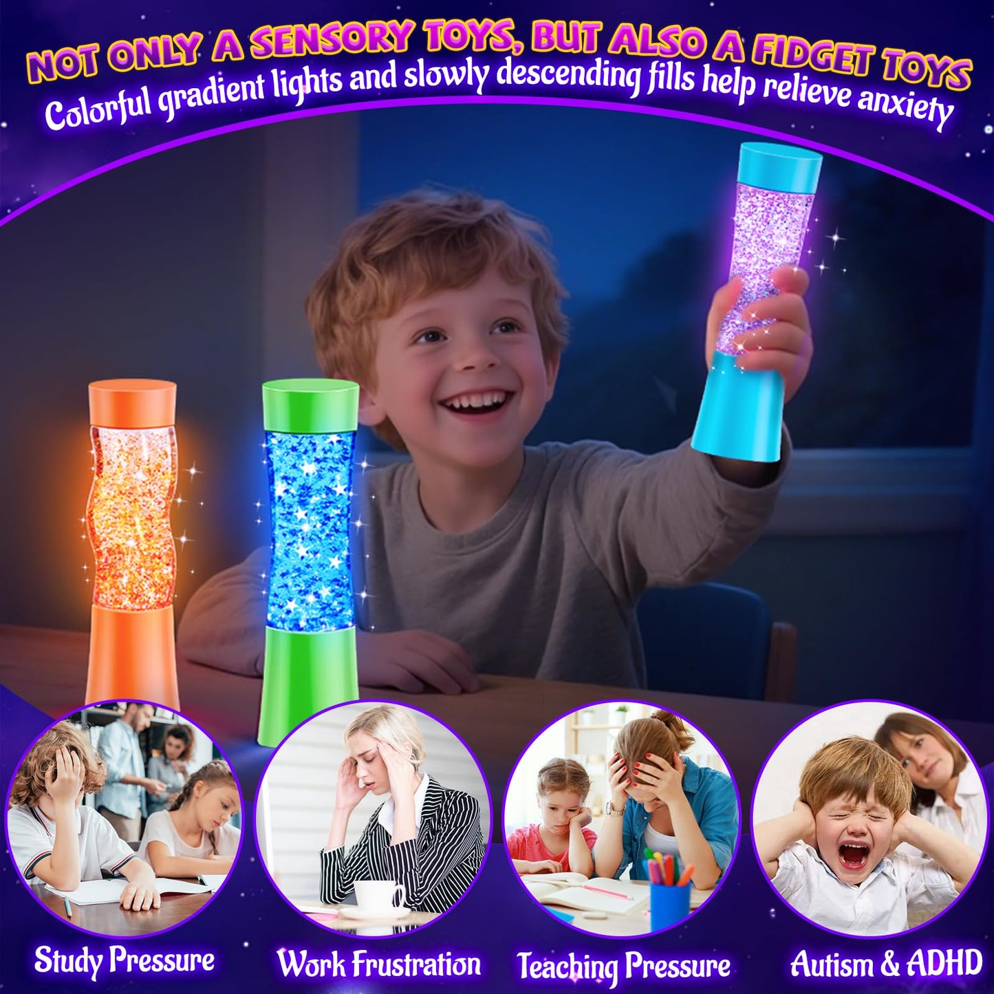 Subao 3 Pack Light Up Sensory Tubes Anxiety Relief Items,Fidget Toys for Kids & Adults,Sensory Toys for Kids with Autism Calm Down Corner Supplies,Preschool & Kindergarten Classroom Must Haves