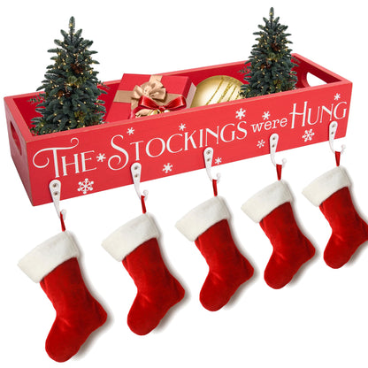 HPC Decor Christmas Stocking Holders, Wooden Box with 5 Hook Stockings Hangers Christmas Decoration for Fireplace Mantel Wood Organizer Storage