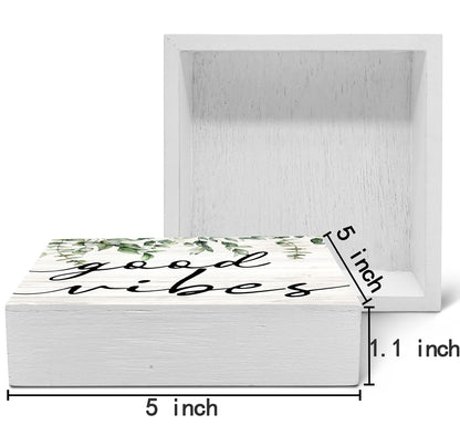 SRADMO Botanical Eucalyptus Leaves Wood Box Sign Desk Decor, Rustic Eucalyptus Leaves Wooden Block Box Sign Decoration For Home Office Shelf Table Decor