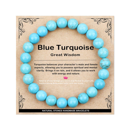 AD Beads 8mm Handmade Blue Turquoise Elastic Bracelet – Natural Gemstone for Great Wisdom – Meditation, Yoga, Healing and Energy Gift for Men Women