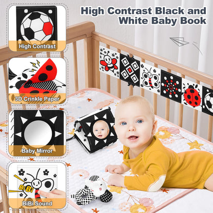 AJsupojouet Newborn Toys,High Contrast Black & White Baby Toys 0-6 Months with Sensory Cards & Rattle, Essential for Brain Development, Tummy Time & Car Seat Toys for 0 2 4 6 Month Old