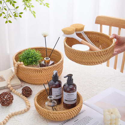 Hand-Woven Stackable Rattan Basket, Set of 3, Fruit Bread Serving Bowls, for Farmhouse Kitchen Storage & Decor