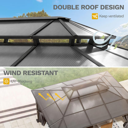 DWVO 10x12ft Gazebo Hardtop Double Roof Polycarbonate Canopy Outdoor with Netting and Shaded Curtains, Aluminum Frame Garden Tent for Patio, Backyard, Deck and Lawns, Gray