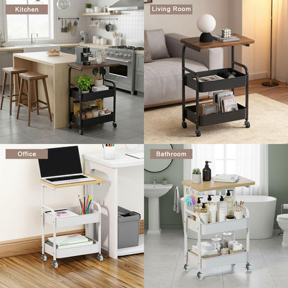 ULIKEUS Rolling Cart with Wooden Tabletop 3-Tier Metal Utility Rolling Cart Storage Organizer with Lockable Wheels for Kitchen, Office, Bedroom