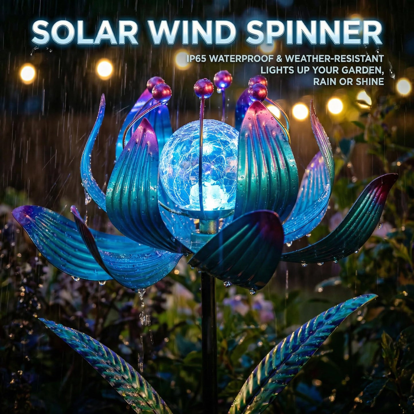 Solar Wind Spinner Outdoor Metal - Kinetic Lotus Flower Garden Sculptures & Spinners with Crackle Glass Lighting, 360° Spinning Yard Art Decor for Patio, Lawn, Pathway, Gifts for Women