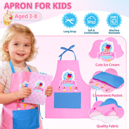 Ice Cream Toy, Wooden Ice Cream Play Set with Aprons, Fake Money, Scoop, Menu, Ice Cream Toys Pretend Play Toys for Girls Boys, Wooden Play Food Set Toy Kitchen Gifts for 3 4 5 6 Year Old Toddlers