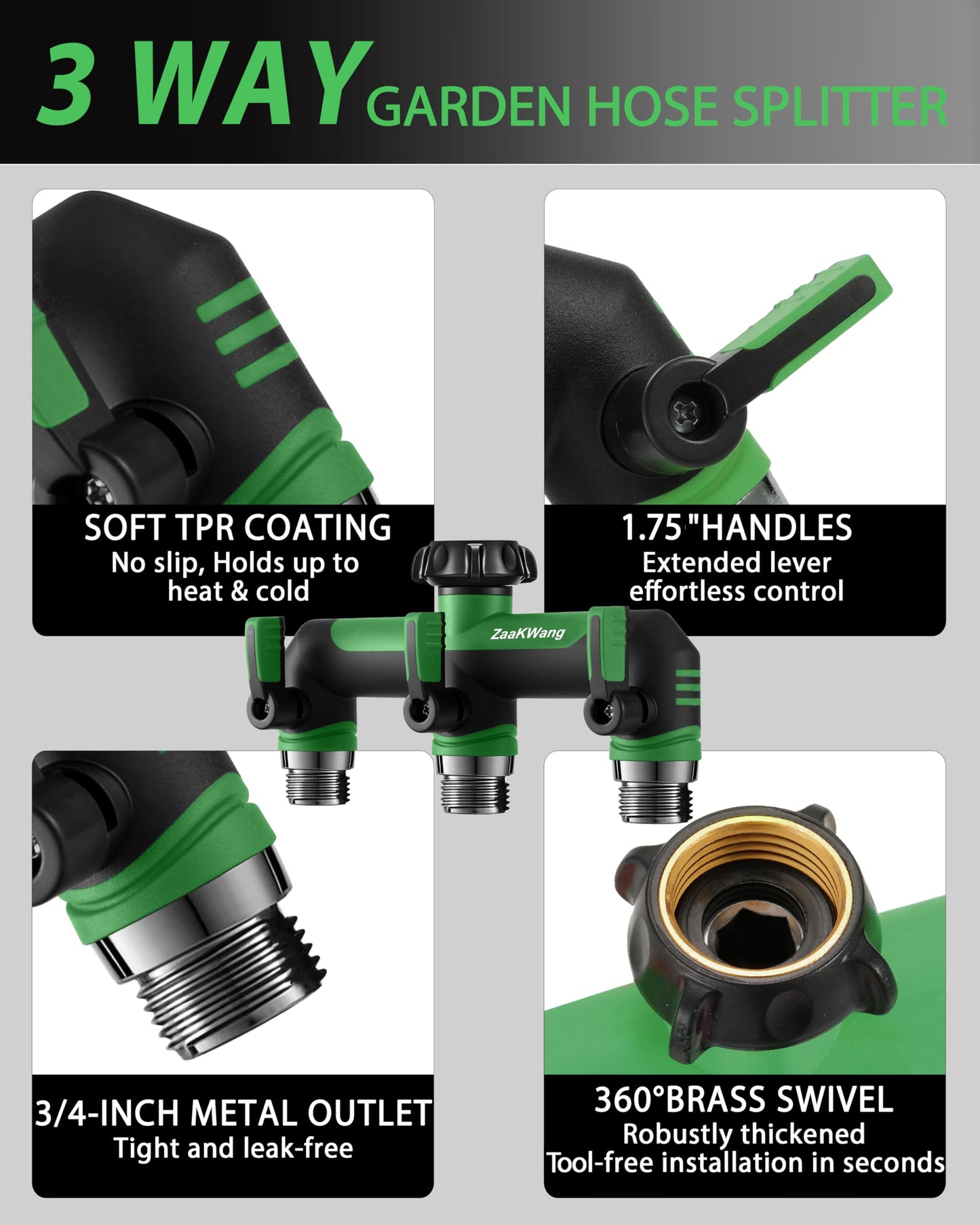 ZaakWang Garden Hose Splitter, 3 Way Hose Splitter, Heavy Duty Water Hose Bib Spigot Splitter, Outdoor Faucet Splitter with Shutoff Valve, T Adapter Connector with 3/4 - Inch GHT Thread (Green)