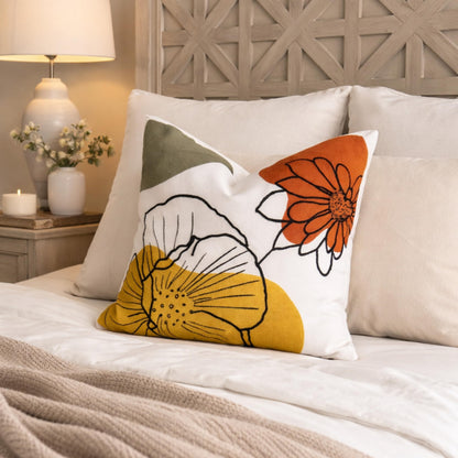 AYAY Decorative Velvet Throw Pillow Cover 18x18 Inch – Beige with Yellow, Rust & Olive Embroidered Floral Design, Earthy Boho Accent Cushion, Hidden Zipper, Cover Only