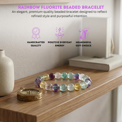 Cherry Tree Collection Rainbow Fluorite Beaded Bracelet – Genuine 8mm Gemstone Stretch Bracelet for Men & Women – Handmade Crystal Bracelet - (Rainbow Fluorite - S)