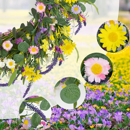 J'FLORU Spring Wreaths for Front Door 22 Inch Artificial Summer Wreath Daisy and Lavender Wreath with Wildflowers for Home Wall Farmhouse Springtime Easter Holiday Party