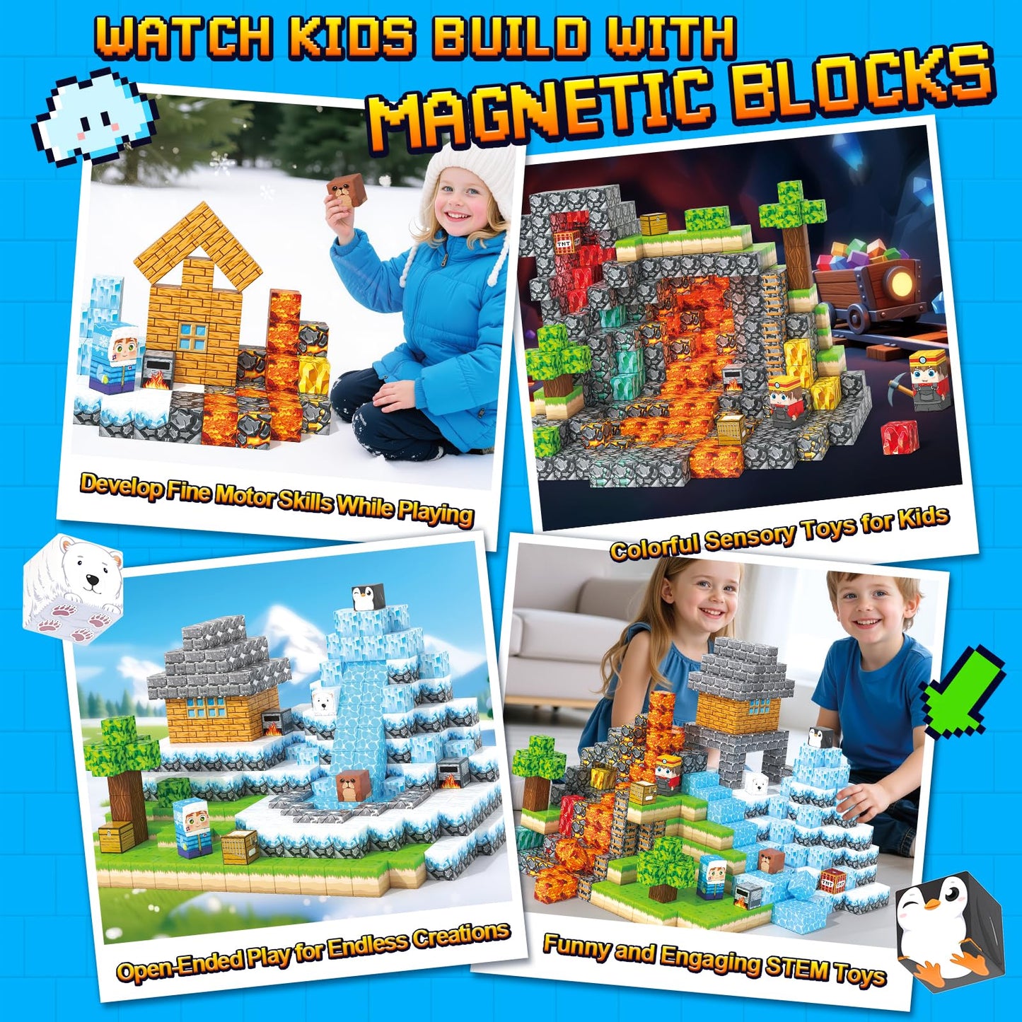 Magnetic Blocks - 200PCS Magnetic Building Blocks Sensory Toys for Kids Ages 3-5 4-8 5-7 8-12, Mine Magnet World Craft Cubes for Kids, STEM Toys Birthday Game Gifts for 3+ Years Old Boys and Girls