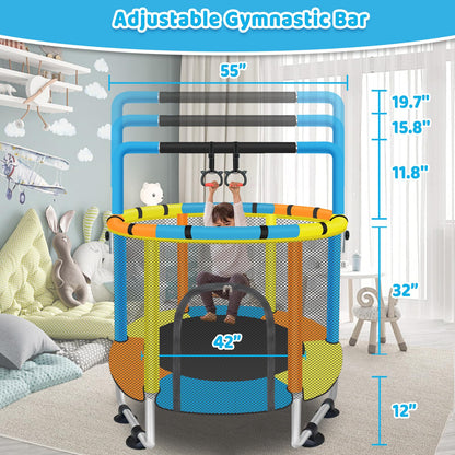 Toddler Trampoline for Kids Ages 1-8, 55'' Small Trampoline with Safety Enclosure Net & Adjustable Gymnastics Bar, Indoor & Outdoor Baby Mini Trampolines, Birthday Gifts for Children & Boys & Girls