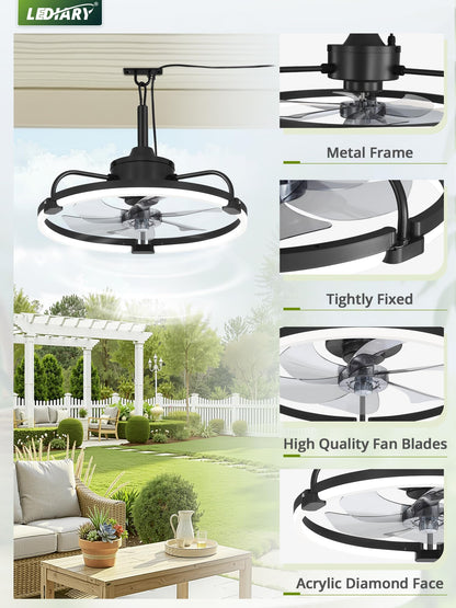 LEDIARY 20" Outdoor Ceiling Fan with Lights, IP65 Waterproof Gazebo Fan with Hanging Hook, Plug-in Ceiling Fan Remote&APP Control, 3CCT Dimmable, 6-Speeds, Caged Ceiling Fan for Gazebo,Patio,Pergola