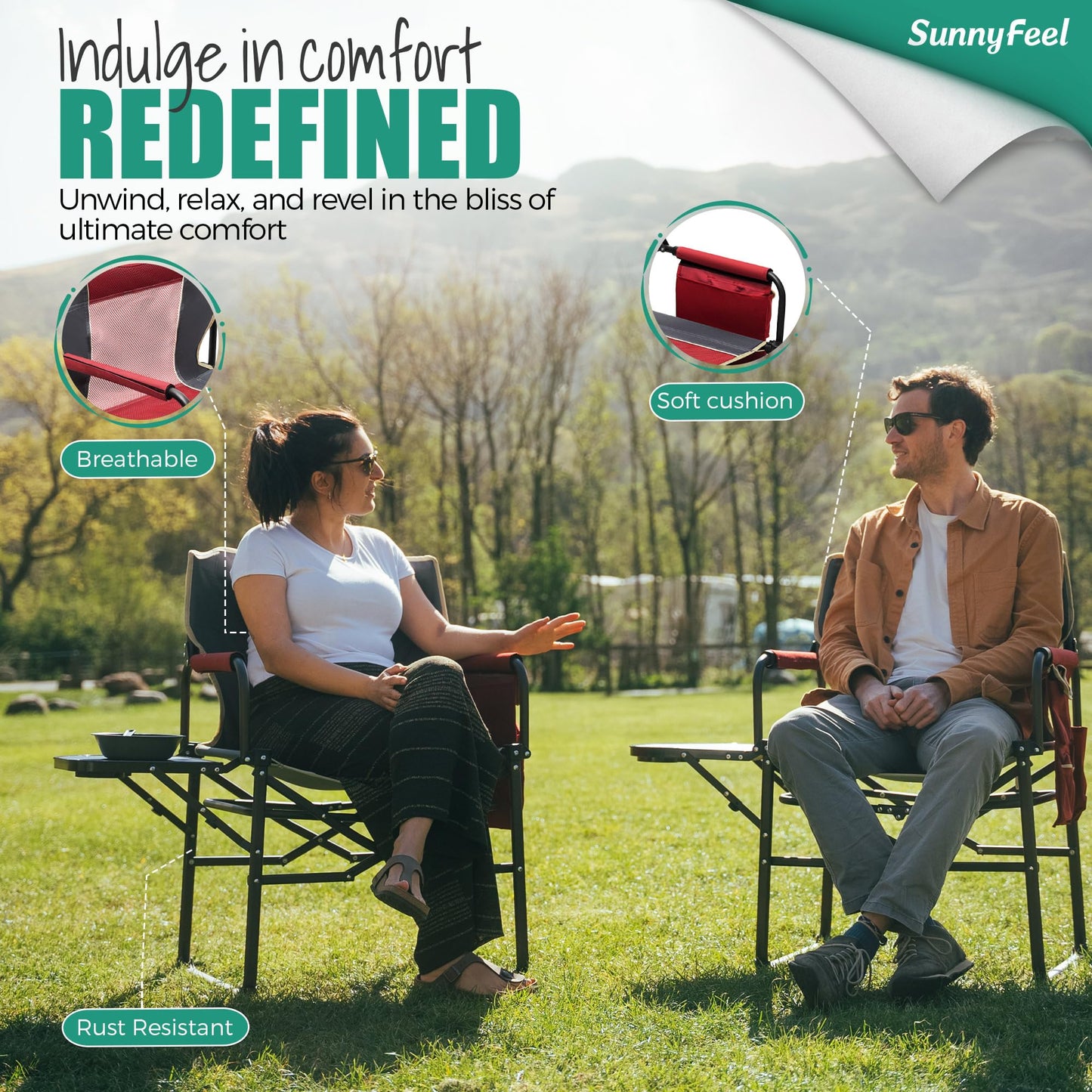SUNNYFEEL Oversized Camping Directors Chair 2 Pack, Portable Folding Lawn Chairs for Adults Heavy Duty with Side Table,Pocket for Beach, Fishing,Picnic,Concert Outdoor, Foldable Camp Chairs