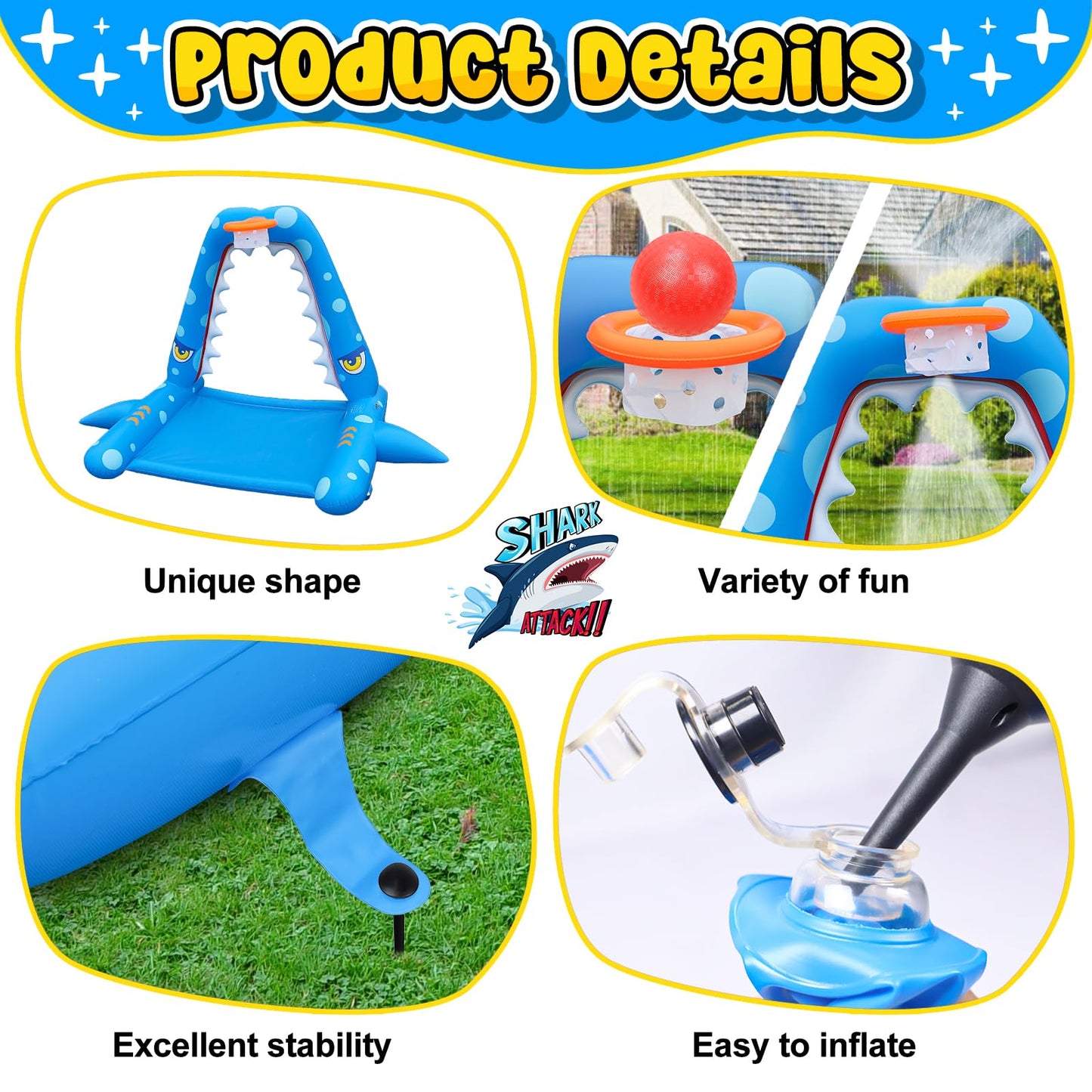 JOSEN Sprinkler for Kids Outdoor Play, Giant Inflatable Shark Water Toys Splash Pad with Basketball Hoop, Fun Sprinkler Summer Outdoor Game for 3-8 Years Old Children Boys Girls Gift