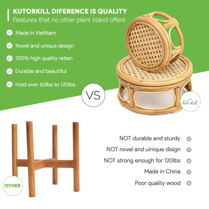 KUTORKILL Set of 2 Large Rattan Wicker Round Risers Decorative Indoor Plant Stand, Mid Century Minimalist Modern Plant Stands, Boho Short Plant Stand Holder Suitable Fits 8'' and 12'' Pots