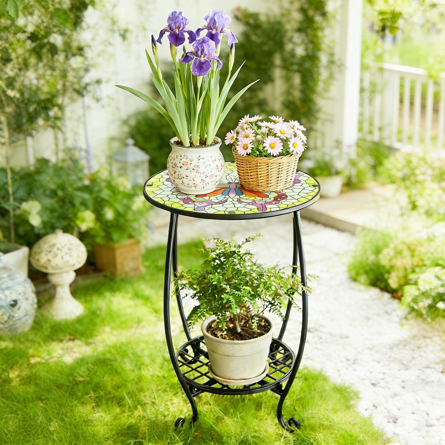 Arbuxzuy 12 Inch Small Outdoor Side Table with Colorful Butterfly, Glass Mosaic Patio Table Indoor, Round Plant Coffee Table for Living Room, Balcony, Garden（Butterfly Style）
