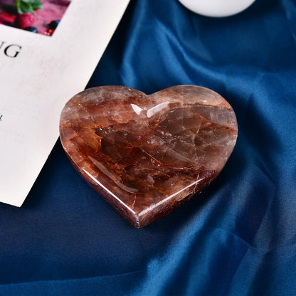 JIC Gem Natural Crystal Bowl Red Hematoid Quartz Heart Shape Healing Crystal Stone Decorative Bowl Jewelry Tray Home Office Decor