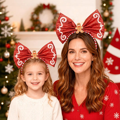 BYNYTO Christmas Bow Headband Gingerbread Man Hairband Candy Cane Hair Hoop Christmas Headbands for Women Festive Holiday Party Accessory
