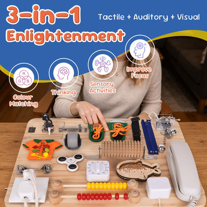 DigNew 20 Inch Large Montessori Busy Board, 18 in 1 Sensory Fidget Board with Stand, Premium Wooden Tactile Board, Busy Board for Travel Office Desk Decor & Gift