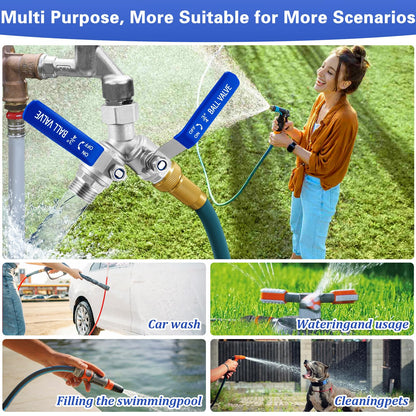 Garden Hose Splitter, 304 Stainless Steel 2 Way Hose Splitter with Long Handle, Heavy Duty Hose Y Spigot Splitter with Shutoff Valves, 3/4" GHT Thread Outdoor Faucet Splitter