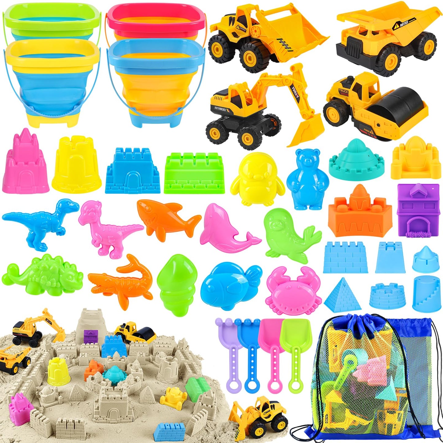 FHOZGECY Beach Toys, Sand Toys for Kids Boys and Girls with 4 Beach Construction Vehicles, 4 Collapsible Bucket, Sand Castle Building Kit, Sand Molds, Mesh Bag, Outdoor Toys for Kids Ages 4-8