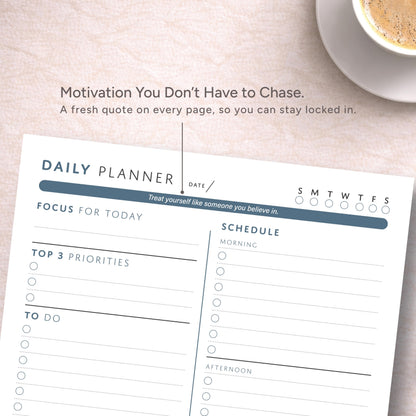 Daily Planner Notepad - ADHD Friendly and College Friendly Productivity Planner - Undated Sheets - Time Blocking Planner with Schedule, Top 3 Priorities, To Do List and Notes - Unique Daily Motivating Quotes - Water Intake and Meal Tracker - Desk Planning