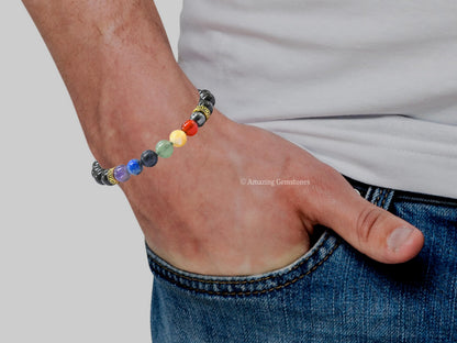 Amazing Gemstone Chakra Black Obsidian Bracelet, Gifts For Men & Women - Protection Healing Crystal Bracelet - 8mm Gemstone Beaded Adjustable Bracelet, Pulseras Para Hombres Mujer Stocking Stuffers