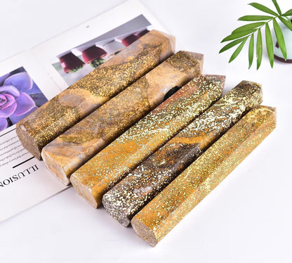 AMOYSTONE Large Yellow Ocean Jasper Stone Wand Healing Crystal Obelisk Tower 6 Faceted Column Reiki Chakra Meditation Therapy 2.2-2.6 LBS