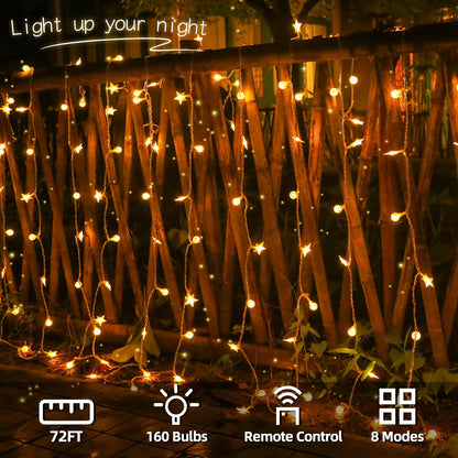 Crystal Globe & Star String Lights Plug in - 72 FT 160 LED Star Fairy String Lights with Remote Control Timer Waterproof Indoor Outdoor Hanging Globe Lights for Bedroom Wedding Party Patio Warm White