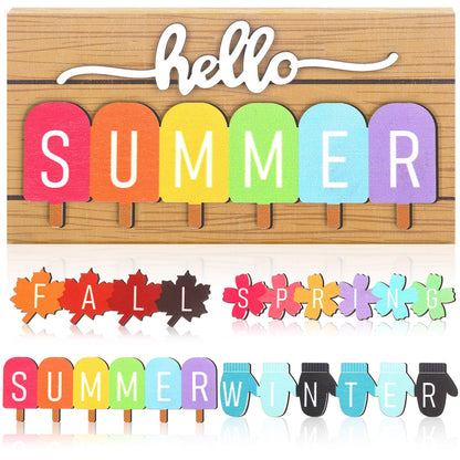 Roowest 5 Pcs Hello Spring Interchangeable Sign Seasonal Sign Summer Fall Winter Tiered Tray Decor 5.9 x 3 Inch Wooden 4 Seasons Farmhouse Table Centerpiece Decoration for Home Shelf Office(Simple)