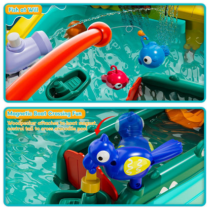 4-in-1 Kids Play Sink with Running Water, Mini Water Table with Detachable Legs, Upgraded Faucet and Dishes, Children Electric Dishwasher Toy, Kitchen Sensory Set (Blue)