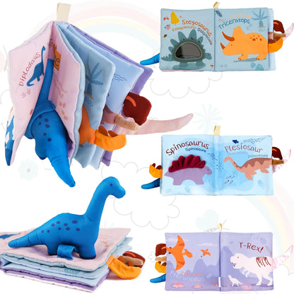 Richgv Baby Books Toys 0-6-12 Months, Baby Boy Gifts Touch and Feel Crinkle Books with Dino Doll, Newborn Infant Carseat Toys 6-9-12 Months Shower Gifts Easter Basket Stuffers