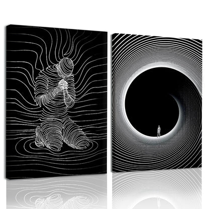 AUUAUU 2 Pcs Abstract Line Art Wall Art Black and White Modern Canvas Painting Minimalist Mental Health Wall Decor Surreal Human Figure Tunnel Art Prints for Living Room Bedroom 12x16 Inches