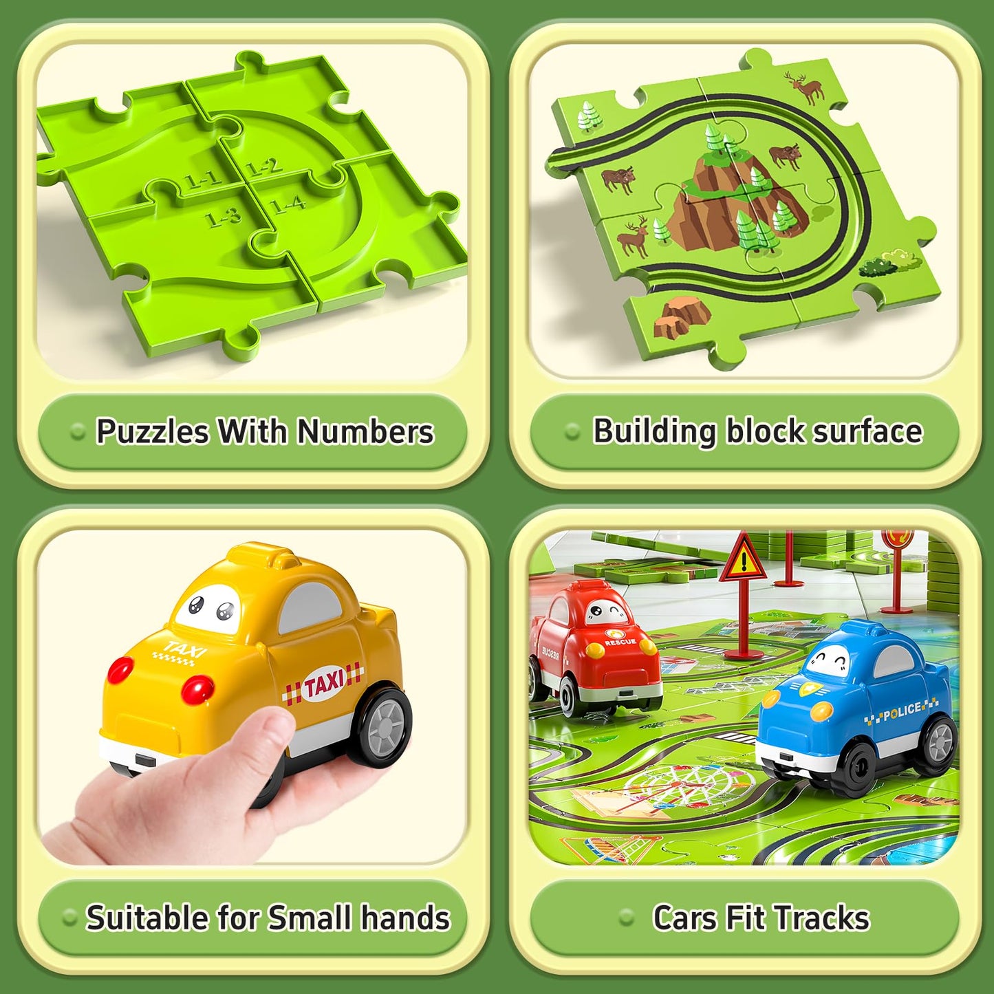 JUKUDAHU 64 Pieces Puzzle Race Track Car Set Toys for 3 4 5 6 Year Old Boys - Puzzle Tracks Car Toys for Kids Ages 3-5 with 3 Sliding Toy Cars, City-Themed, Birthday Gifts for Toddlers 1-3 2-4 4-6