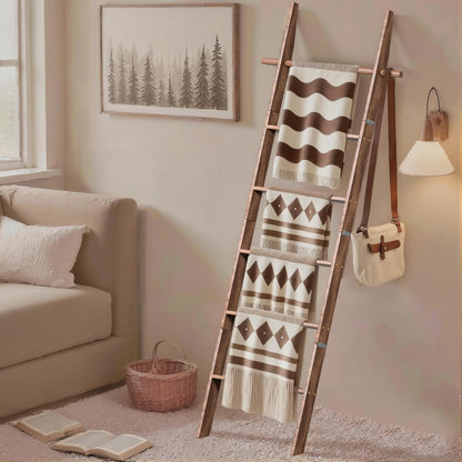 chilinii Farmhouse Wooden Blanket Ladder with Removable Hooks, 6-Tier Rustic Blanket Rack Decorative Stand, Leaning Towel Quilt Rack Holder for Bathroom Living Room Decor Brown