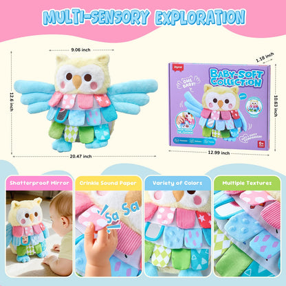 JoyCat Sensory Owl Baby Toy for 0-12 Months, 13''Soft Tummy Time Infant Toy with Multi-Textured Crinkle Feathers, Baby Mirror, Stuffed Animal Plush Montessori Easter Gifts for Newborn Boys and Girls