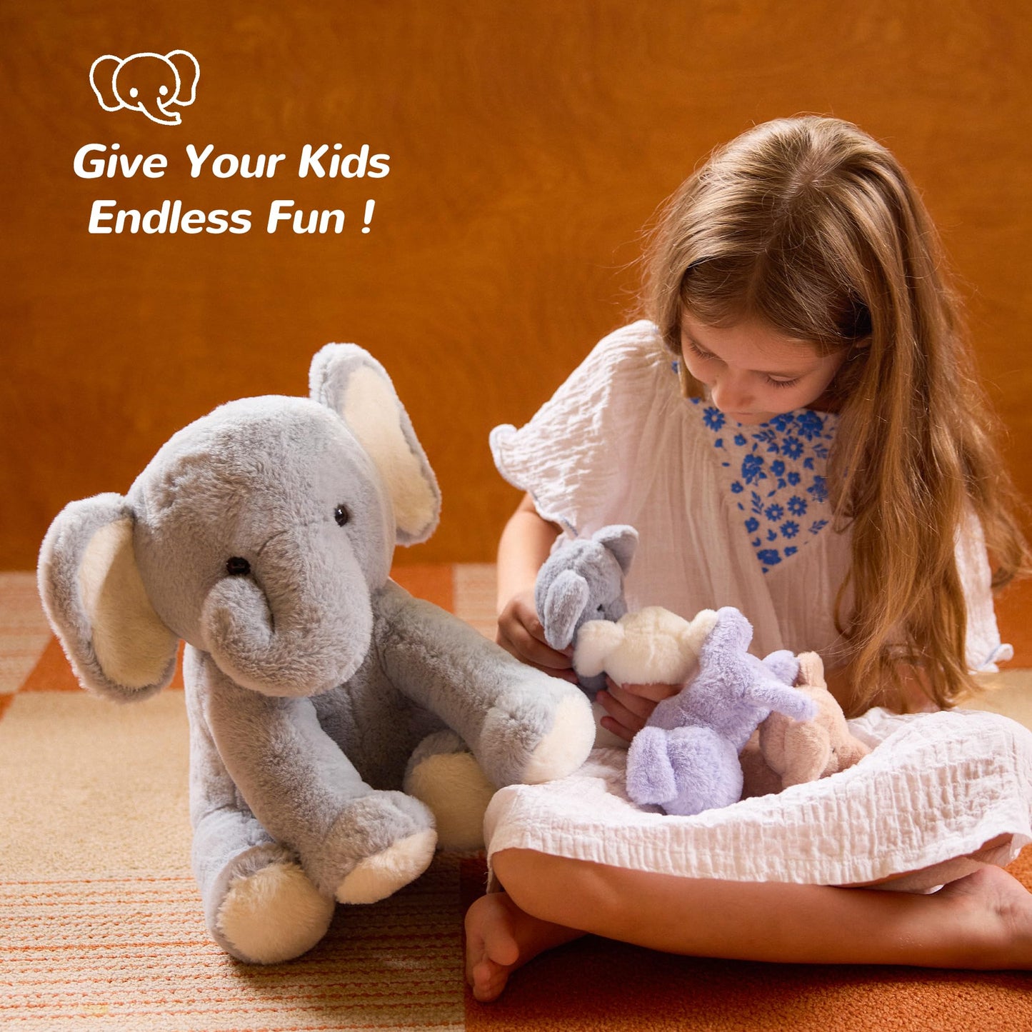 Vposyako 5 Pieces Elephant Stuffed Animals for Girls, 1 Mommy Elephant with 4 Babies Soft Plush Set Toys Gifts for Kids Children 3 4 5 6 7 8 9 Years, Christmas, Birthday, Children's Day